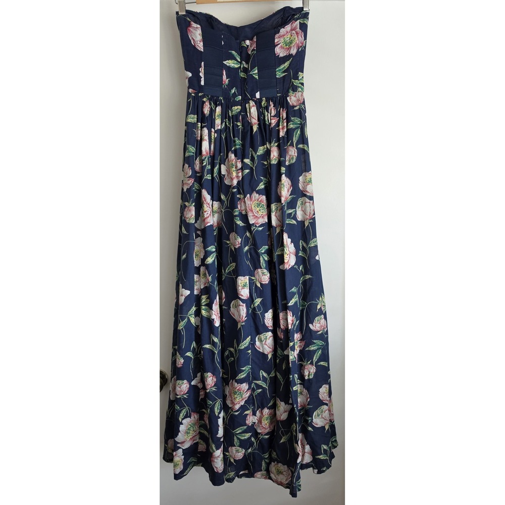 French Connection Strapless Maxi Dress 2 Floral Navy Cotton Gown Wedding Guest - Picture 2 of 7